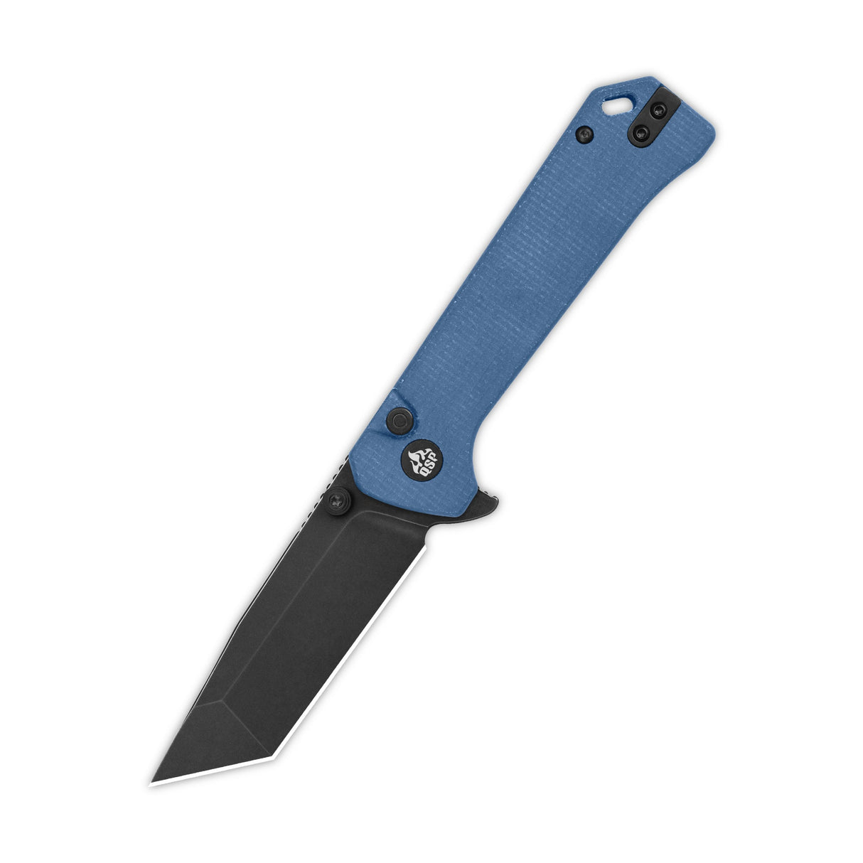 QSP Grebe T pocket knife with blue Micarta handle and tanto 14C28N blade open