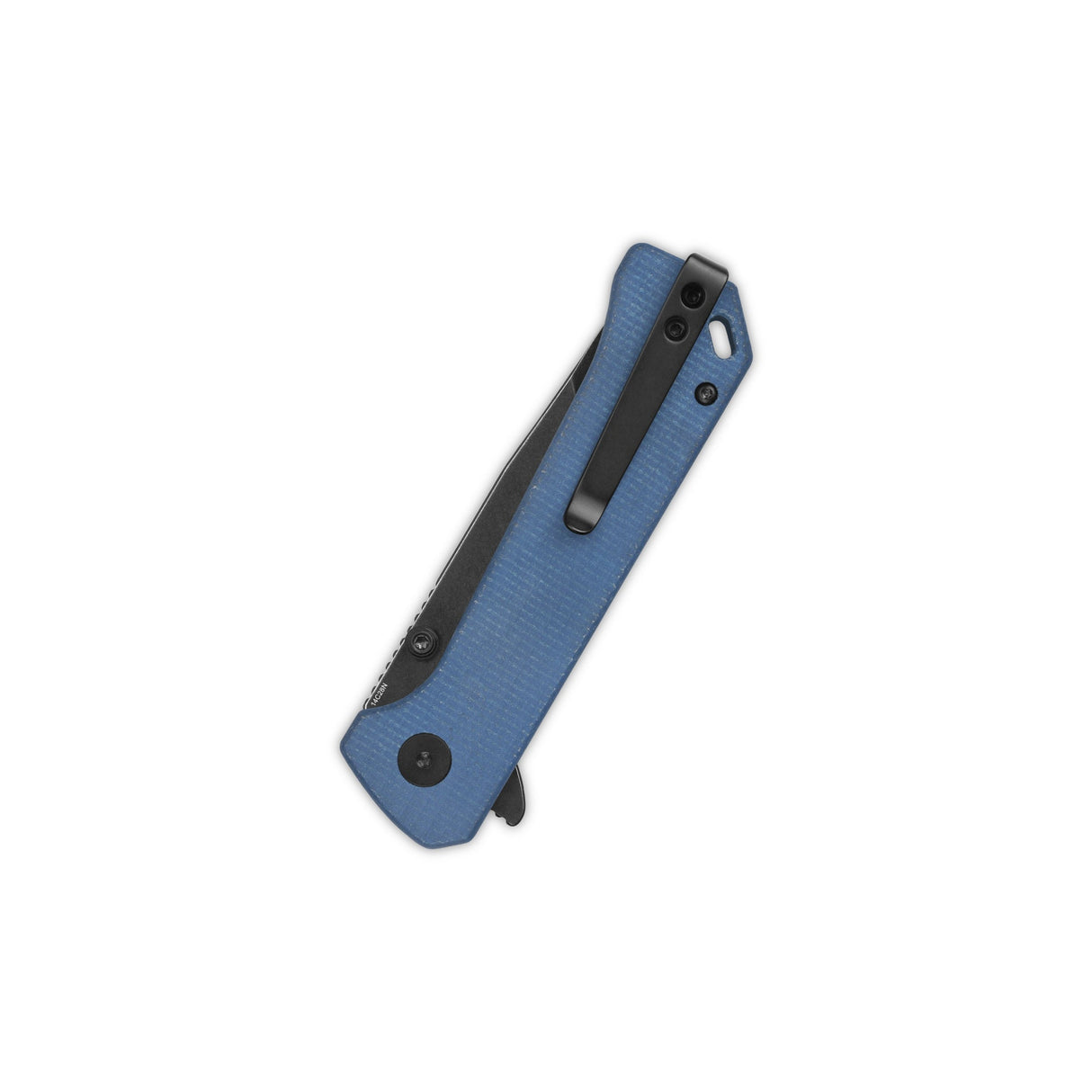 Closed QSP Grebe T pocket knife with blue Micarta handle and stainless steel clip.