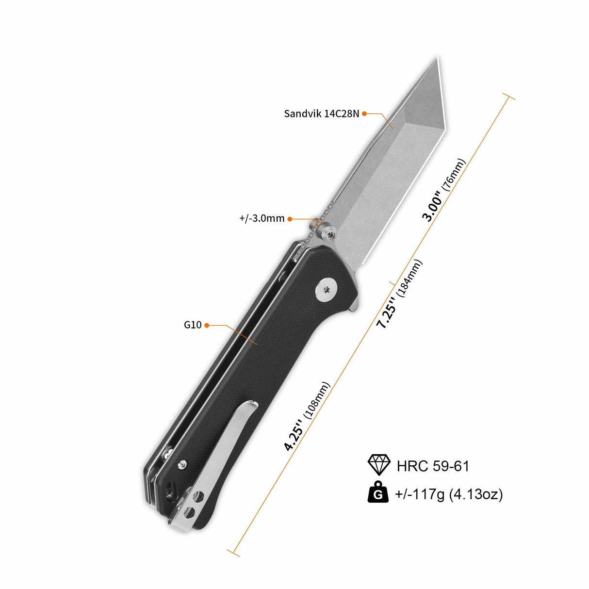 QSP Grebe T pocket knife showing 3-inch tanto blade and black G10 handle