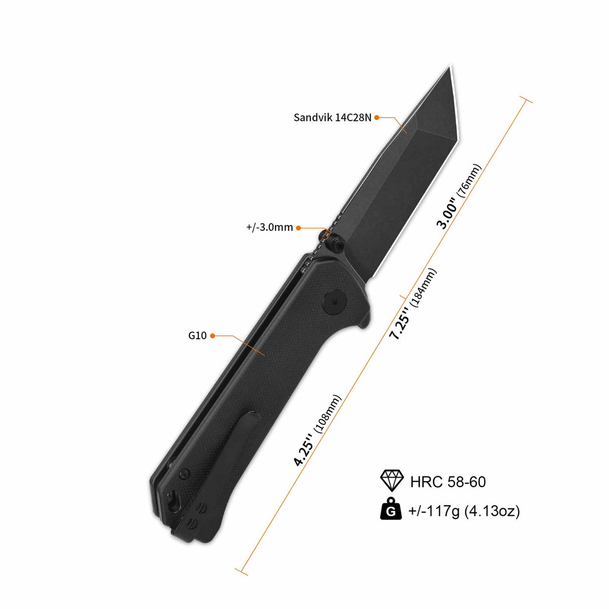 QSP Grebe T pocket knife with tanto blade and black G10 handle, open position