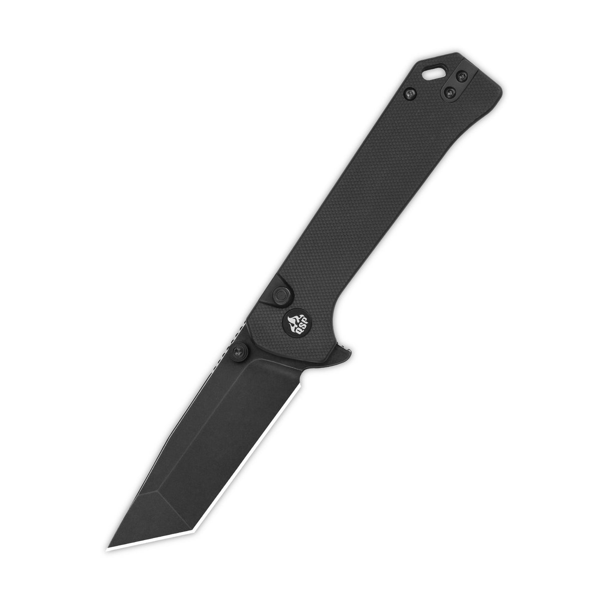 QSP Grebe T pocket knife with 14C28N tanto blade and textured black G10 handle