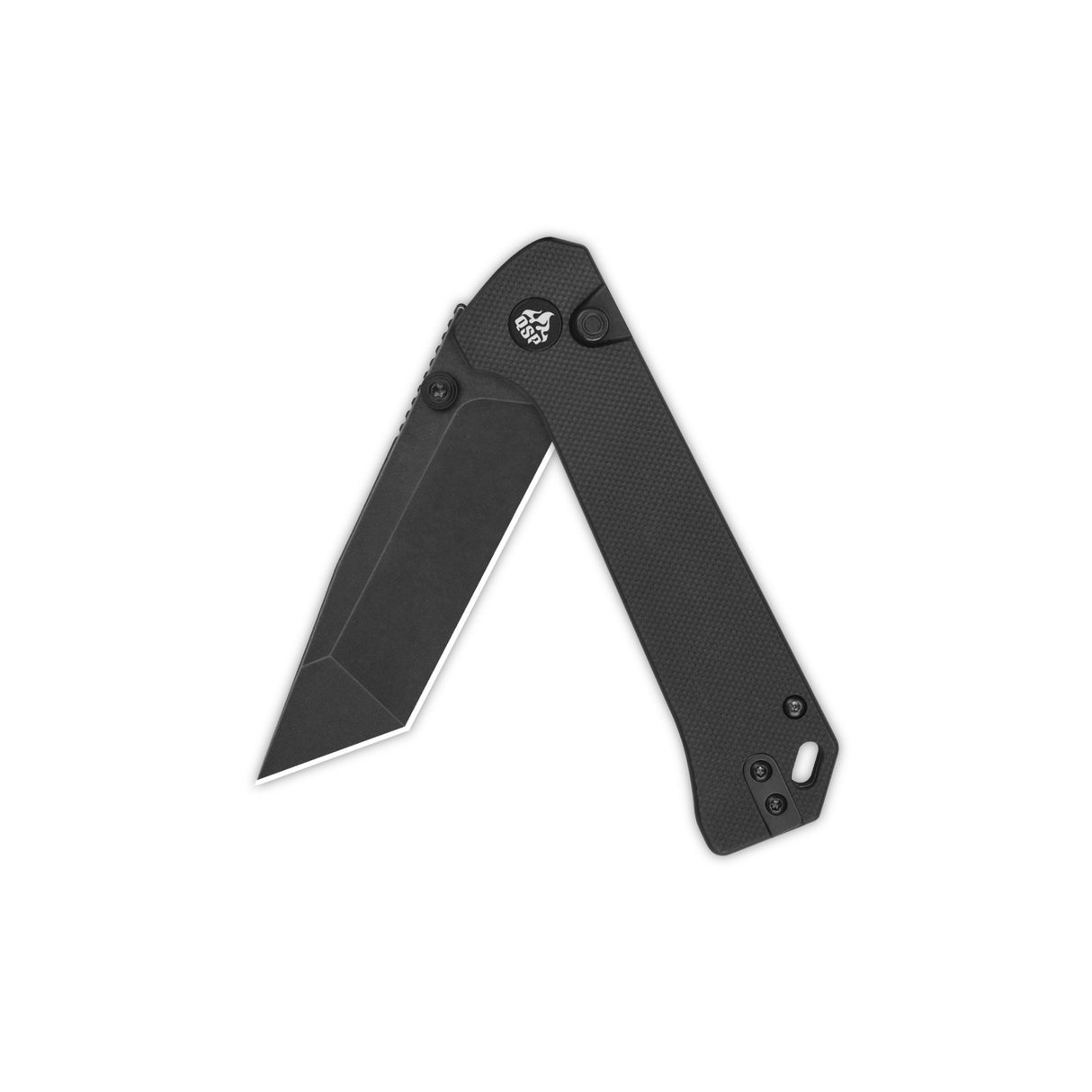 QSP Grebe T pocket knife open, featuring a tanto blade and textured black G10 handle.