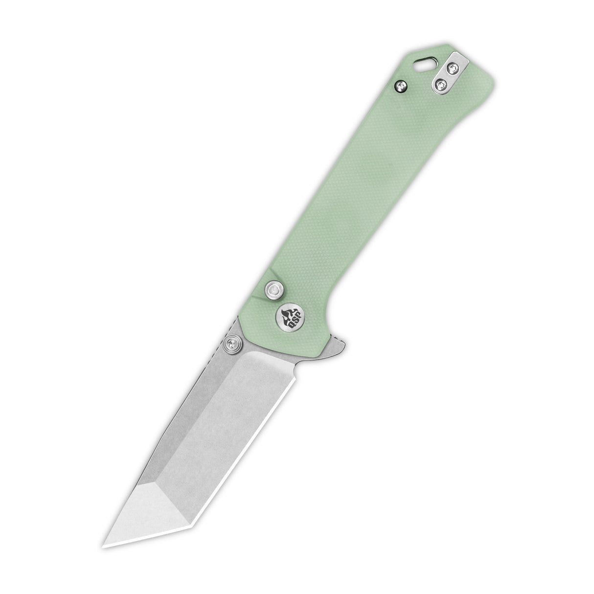 QSP Grebe T pocket knife with jade G10 handle and tanto 14C28N blade