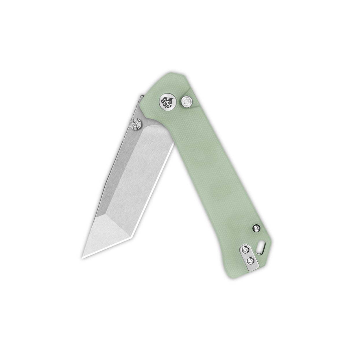 Closed QSP Grebe T pocket knife showcasing jade G10 handle and tanto blade