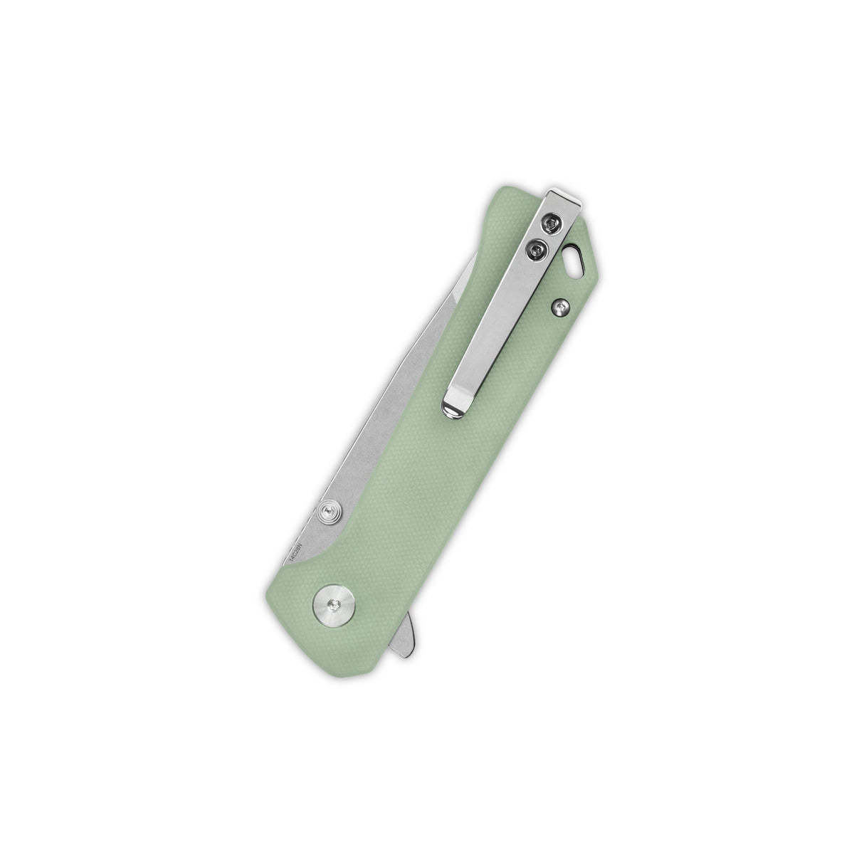 Closed QSP Grebe T pocket knife with jade G10 handle and stainless steel clip