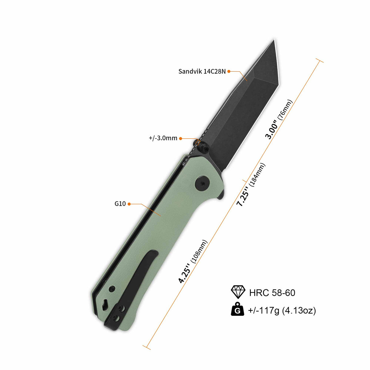 QSP Grebe T pocket knife, jade G10 handle, tanto blade, open position, dimensions displayed