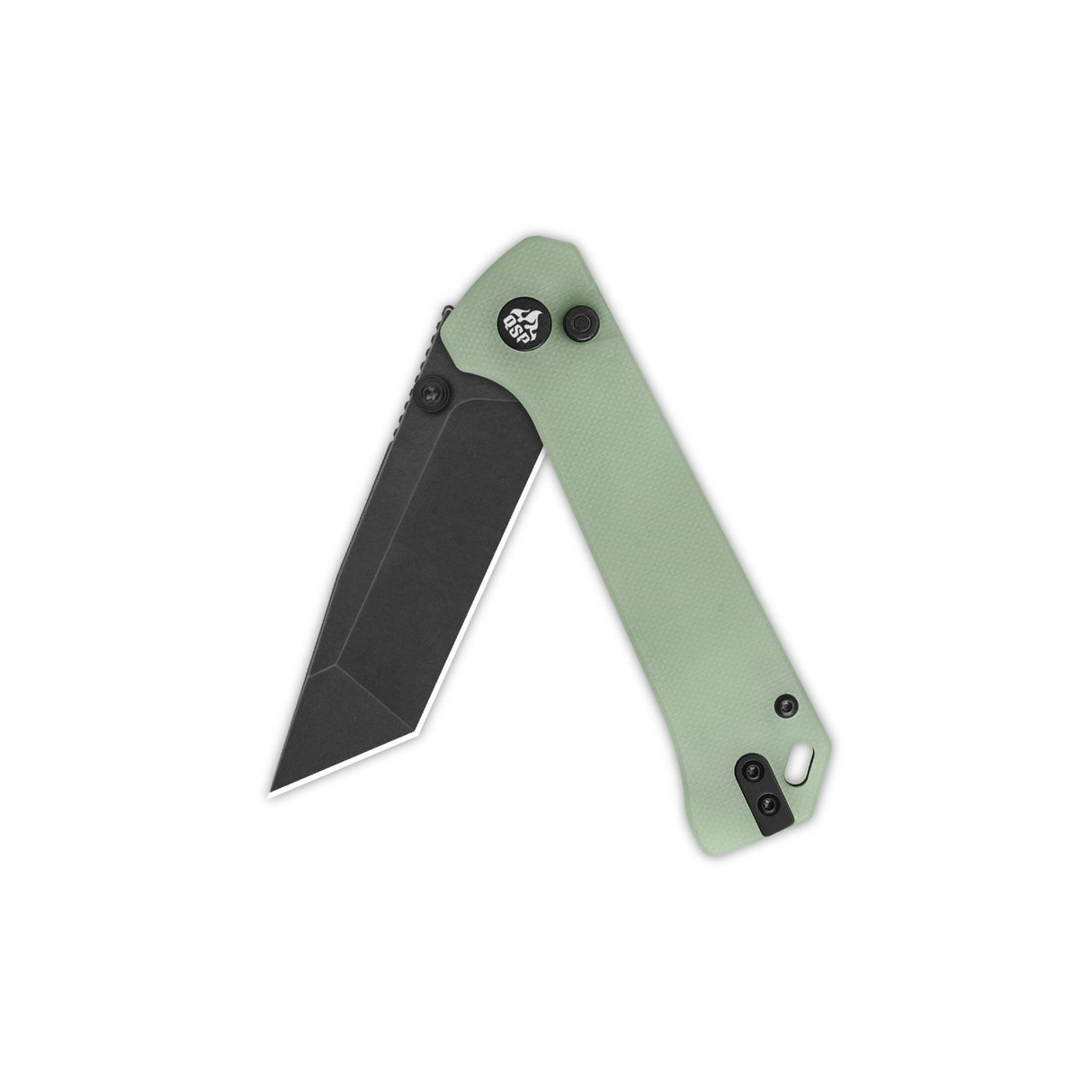 QSP Grebe T pocket knife with jade G10 handle and tanto 14C28N blade in open position