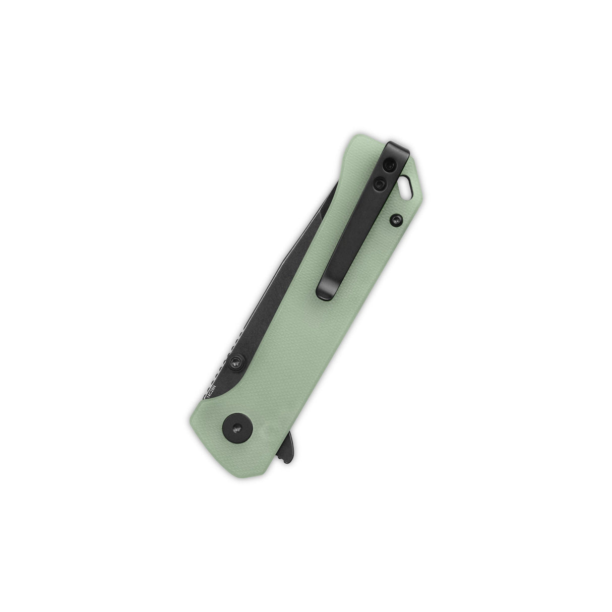 QSP Grebe T pocket knife in jade G10 handle, closed view with stainless steel clip.