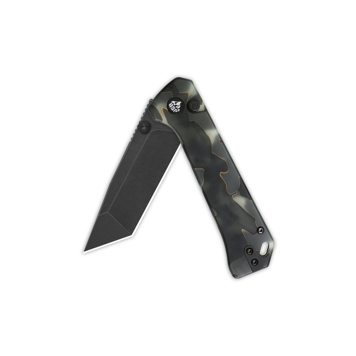 Closed QSP Grebe T pocket knife with tanto blade and camo glow-in-the-dark handle.
