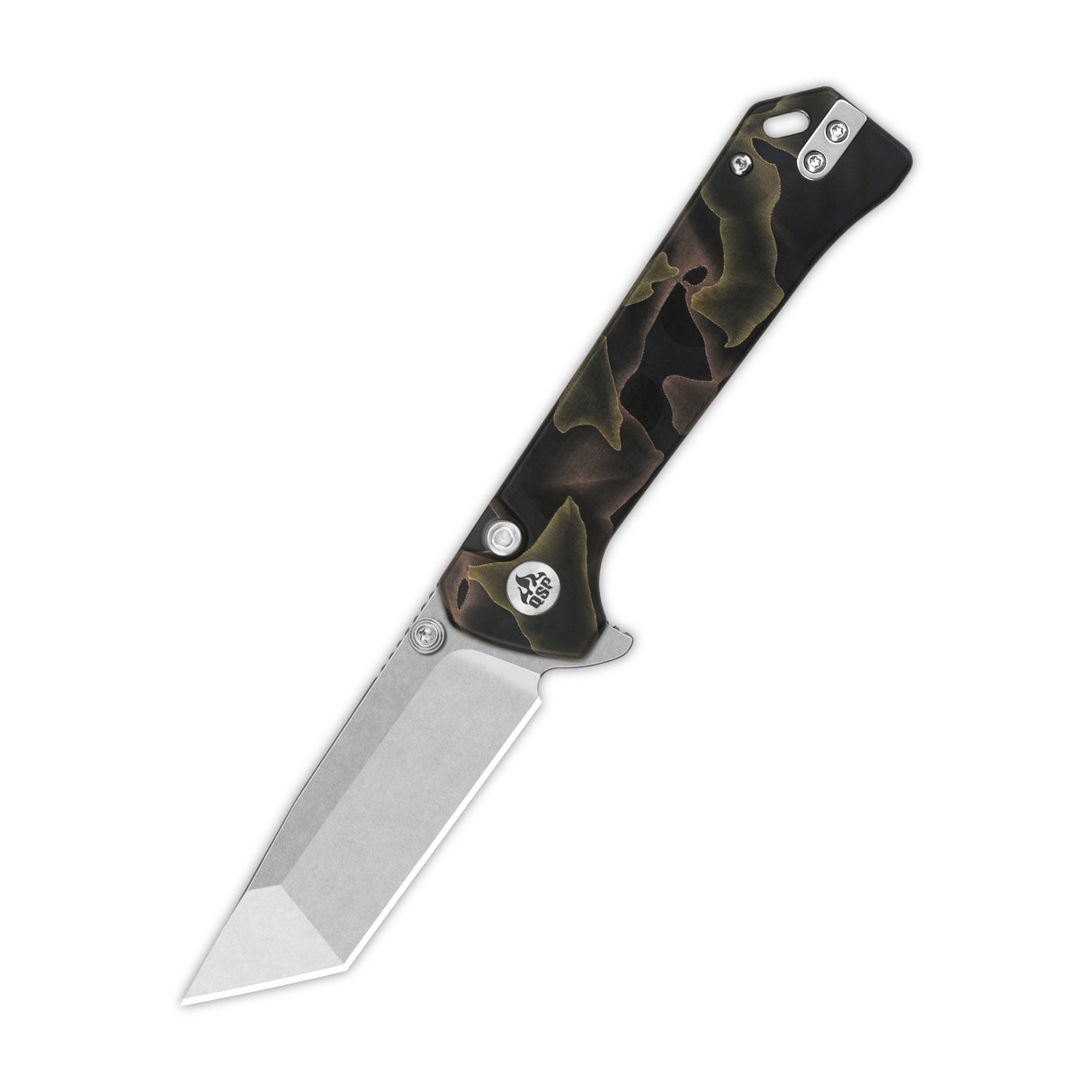 QSP Grebe T pocket knife with S35VN tanto blade and green camouflage Raffir resin handle