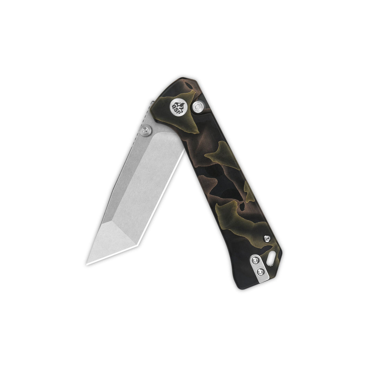 QSP Grebe T pocket knife with S35VN tanto blade and camouflage resin handle