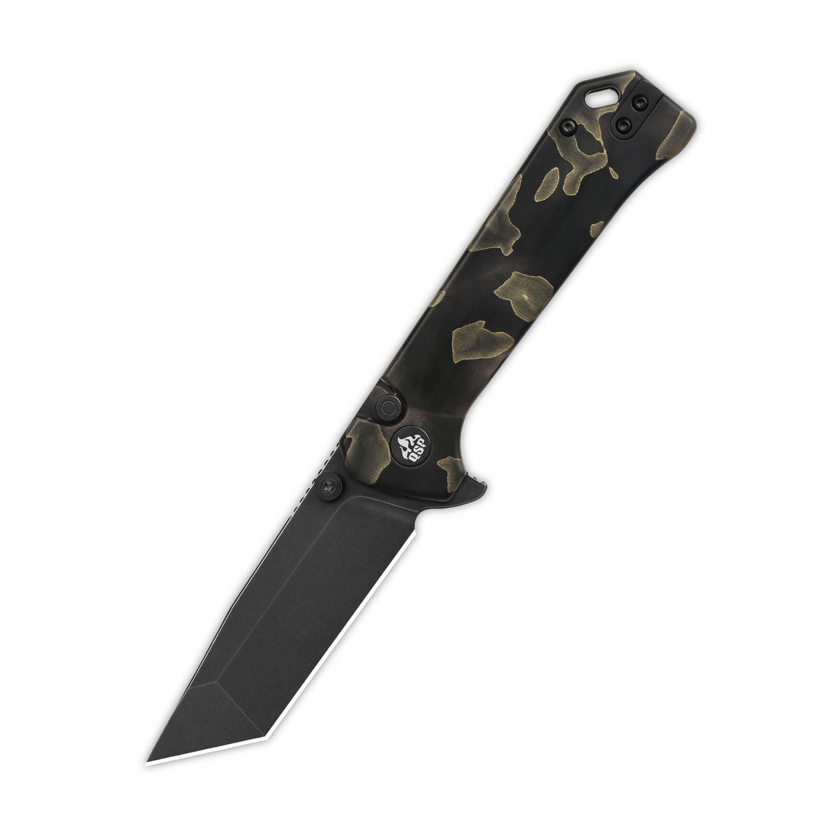 QSP Grebe T pocket knife with S35VN tanto blade and camo Raffir resin handle