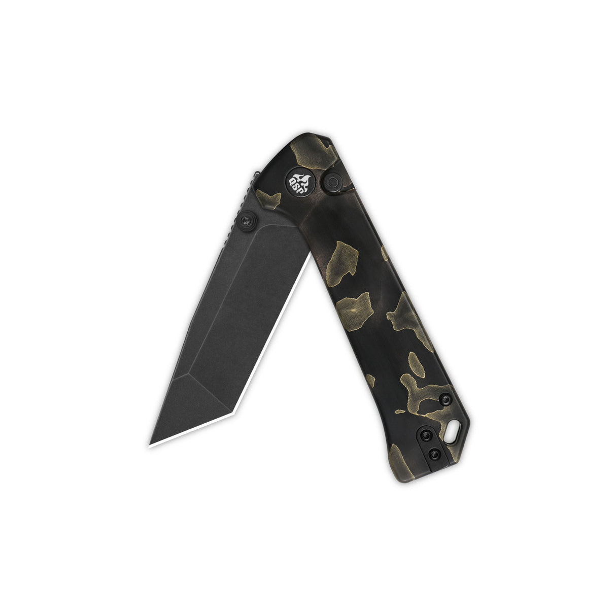 QSP Grebe T pocket knife with tanto blade and camouflage handle in open position