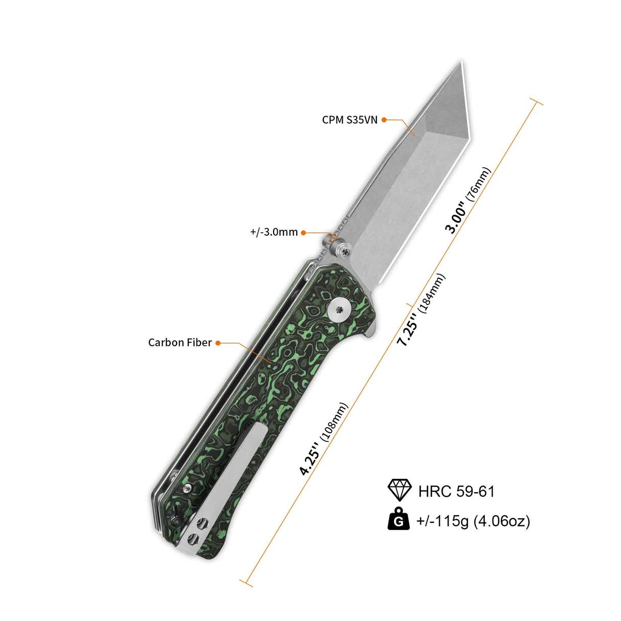 QSP Grebe T pocket knife specifications: S35VN blade, green camo carbon fiber handle