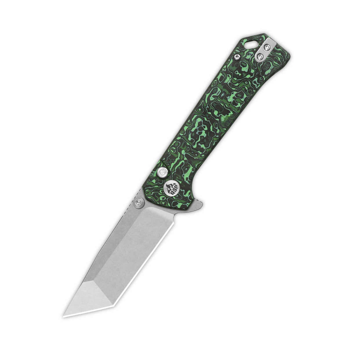 QSP Grebe T Button Lock Pocket Knife S35VN blade Green camo CF Handle