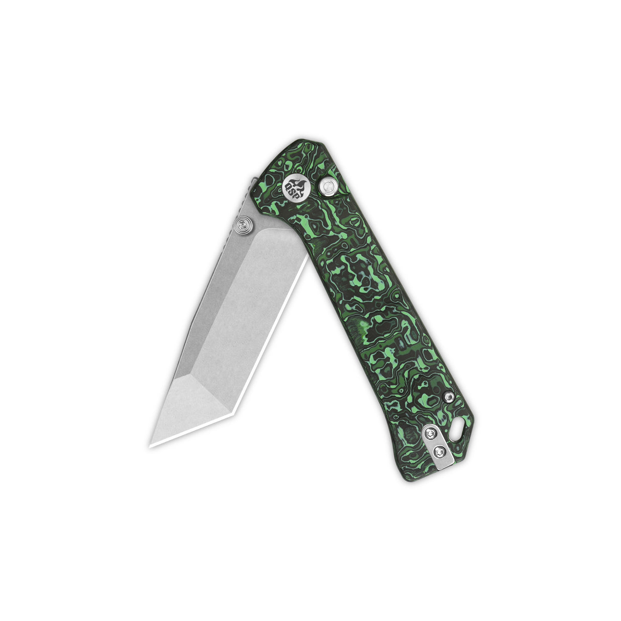 QSP Grebe T pocket knife with S35VN tanto blade and green camo carbon fiber handle.