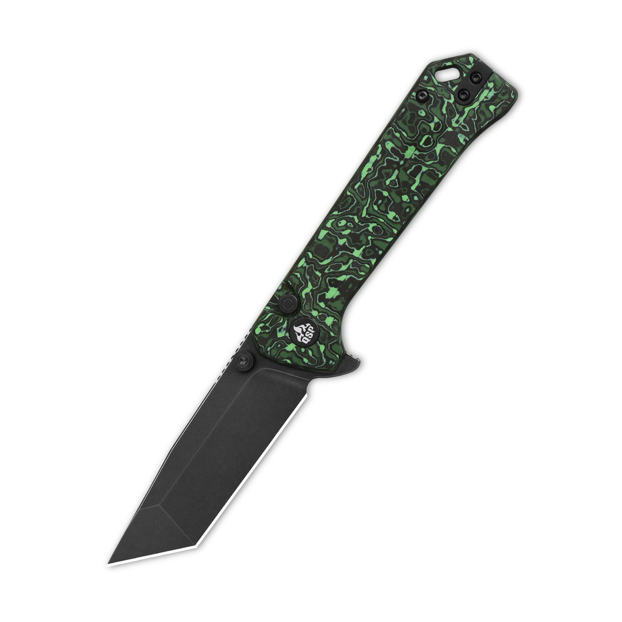 QSP Grebe T pocket knife with black tanto blade and green camo carbon fiber handle