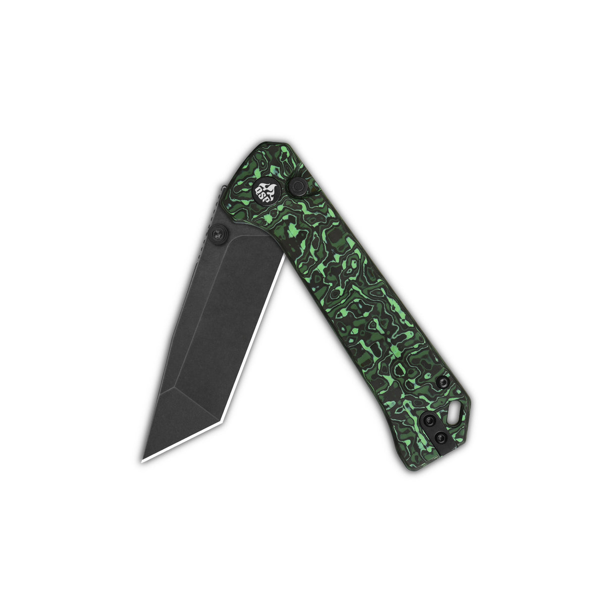 QSP Grebe T Button Lock Pocket Knife with black tanto blade and green camo handle