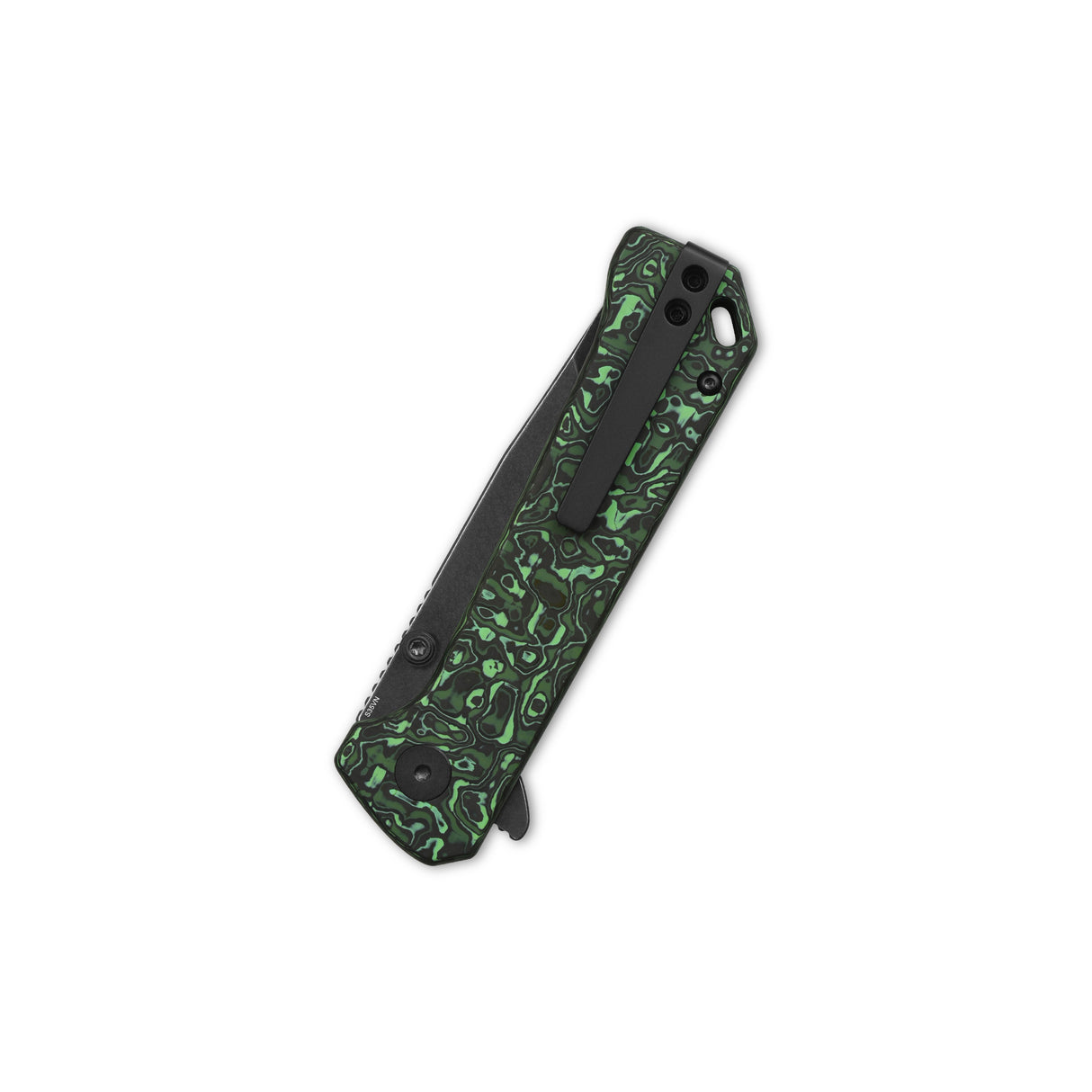 Closed QSP Grebe T pocket knife with green camo carbon fiber handle