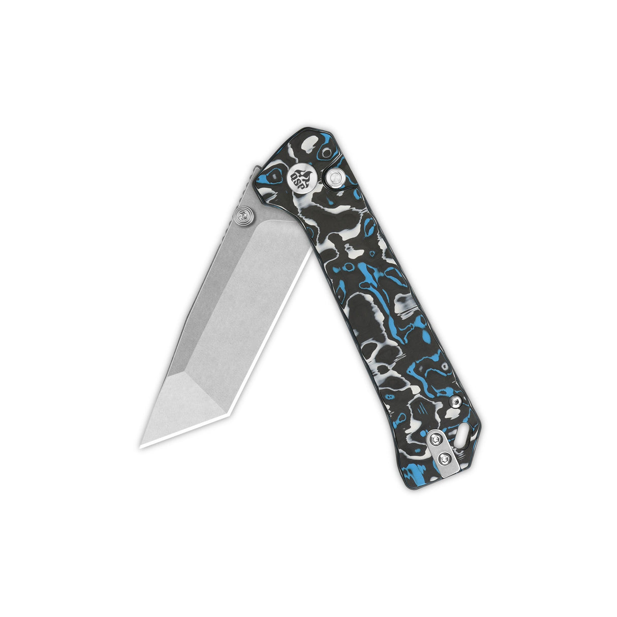 QSP Grebe T pocket knife with tanto blade and blue camo carbon fiber handle