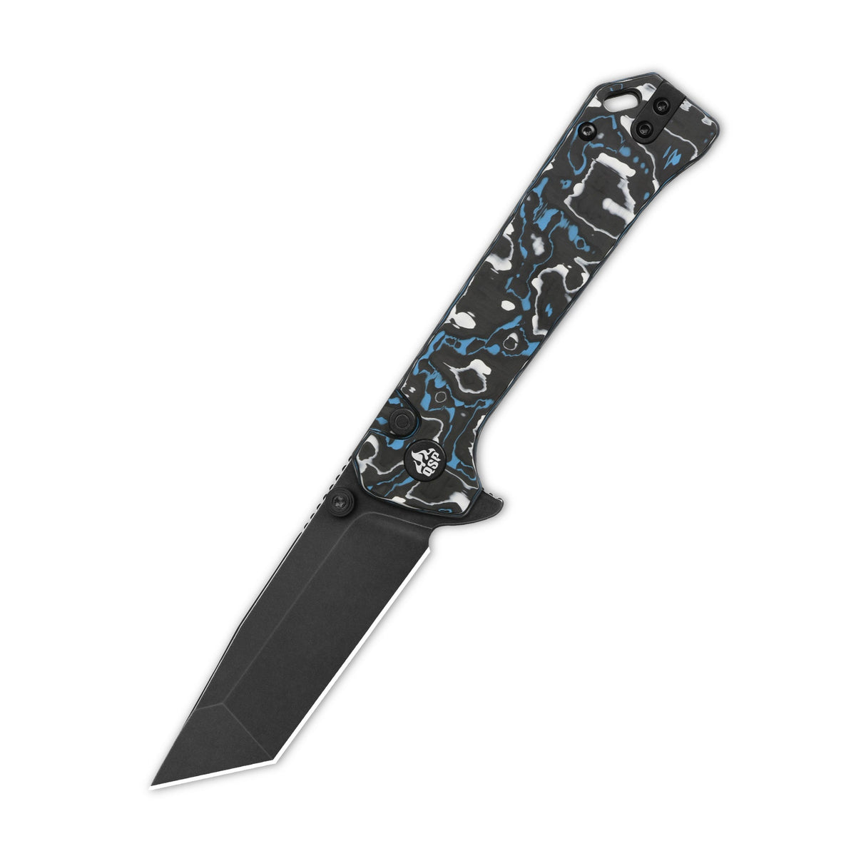 QSP Grebe T pocket knife with tanto blade and blue camo carbon fiber handle
