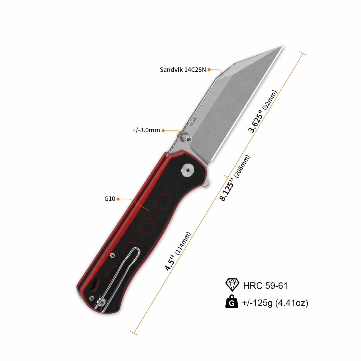 QSP Swordfish pocket knife displayed with blade and handle dimensions