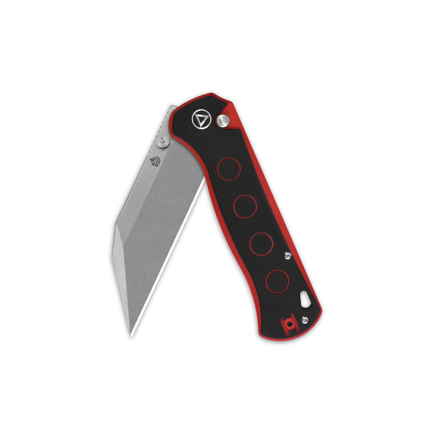 QSP Swordfish pocket knife folded, featuring black/red G10 handle and 14C28N blade