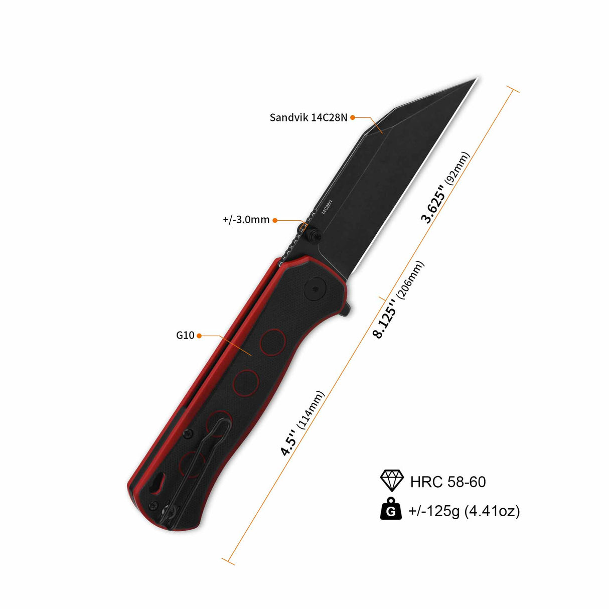 QSP Swordfish pocket knife specs with measurements and 14C28N blade