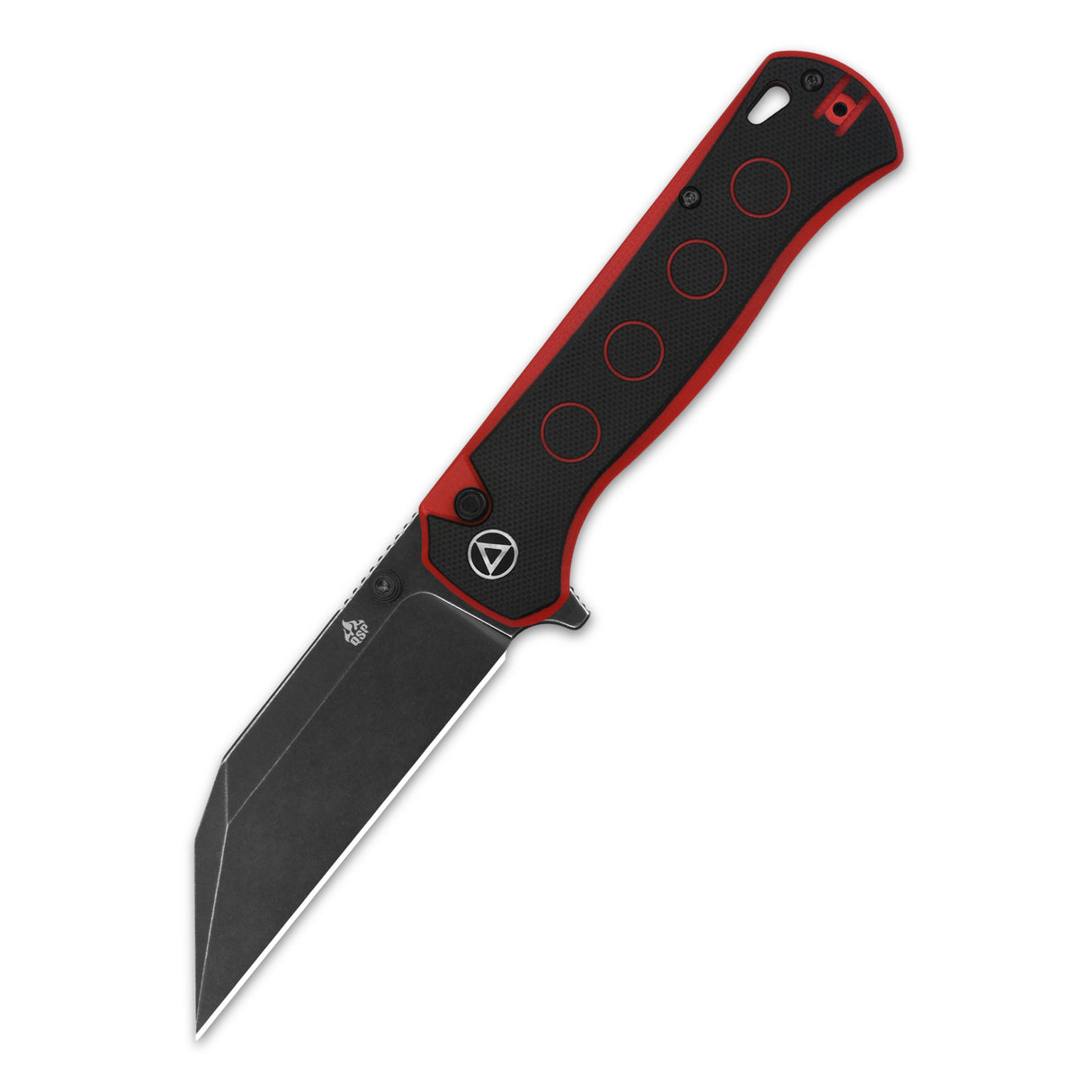 QSP Swordfish pocket knife with black and red G10 handle and angled 14C28N blade