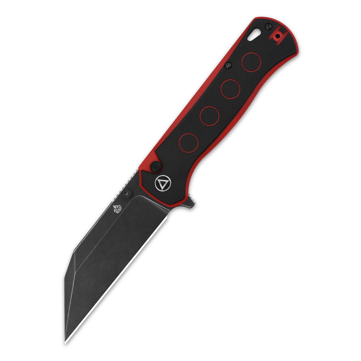 QSP Swordfish pocket knife with black and red G10 handle and angled 14C28N blade
