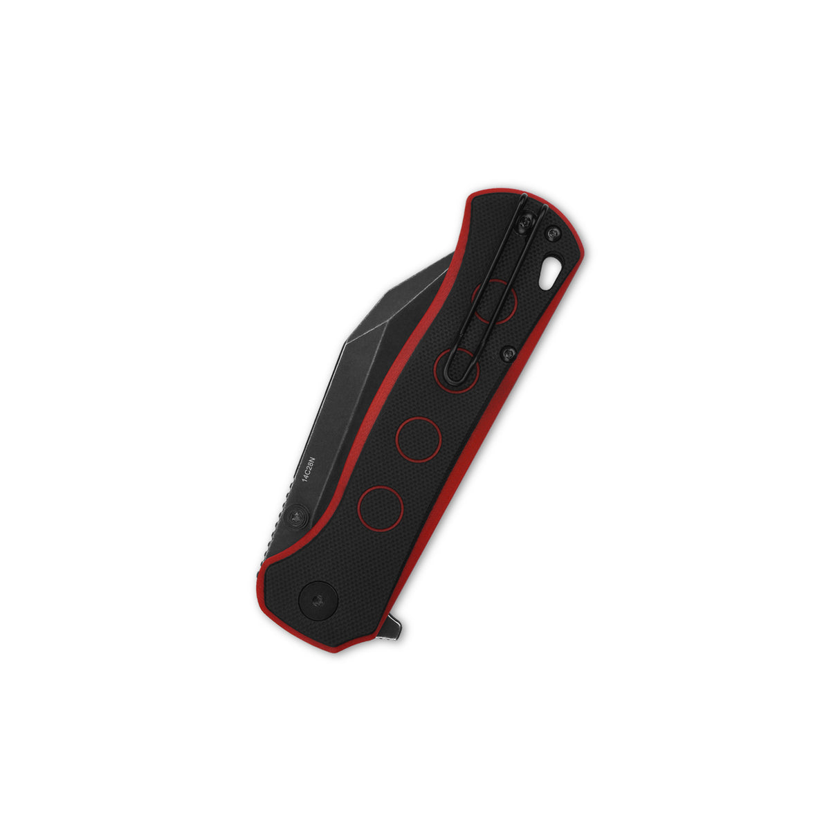 QSP Swordfish pocket knife with button lock mechanism and textured black/red handle