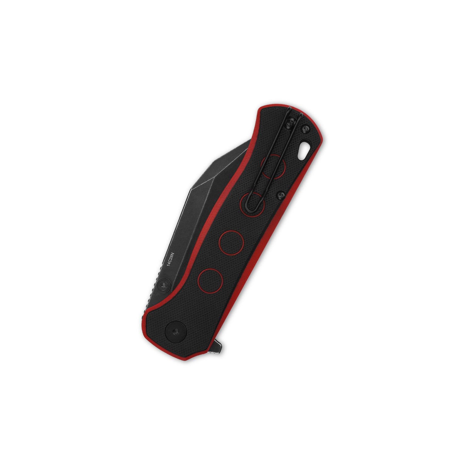 QSP Swordfish pocket knife with button lock mechanism and textured black/red handle