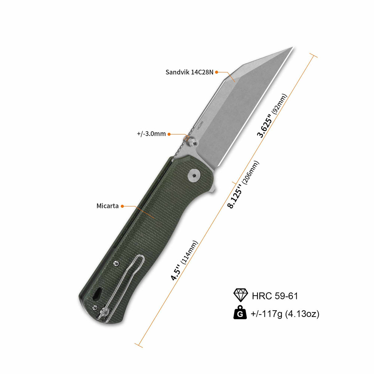 QSP Swordfish pocket knife dimensions with green Micarta handle and 14C28N blade