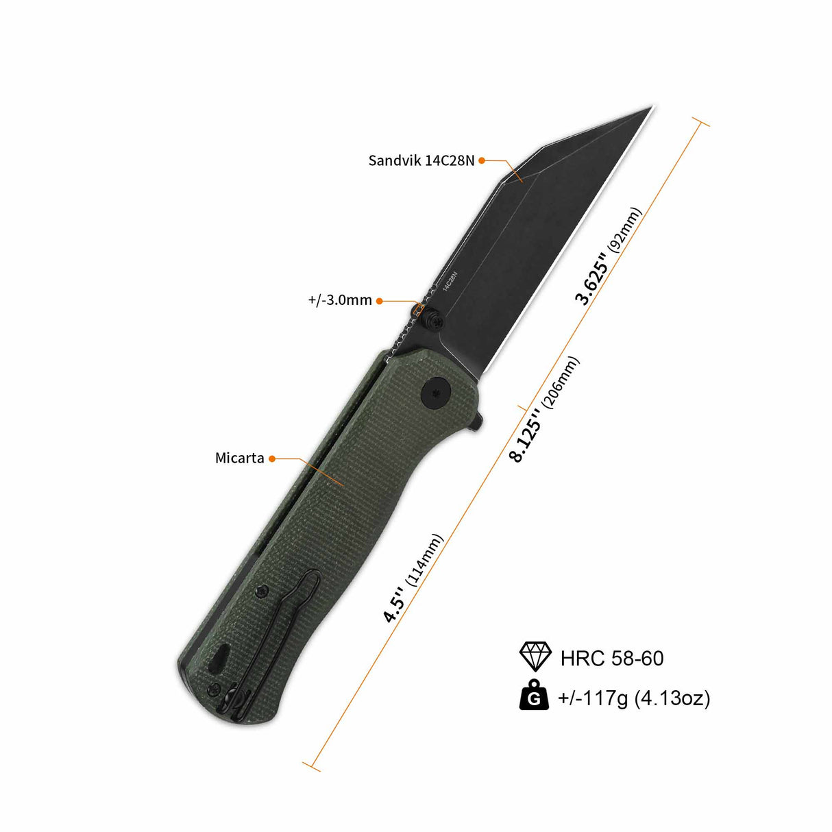 QSP Swordfish Button Lock Pocket Knife 14C28N blade Green Micarta handle