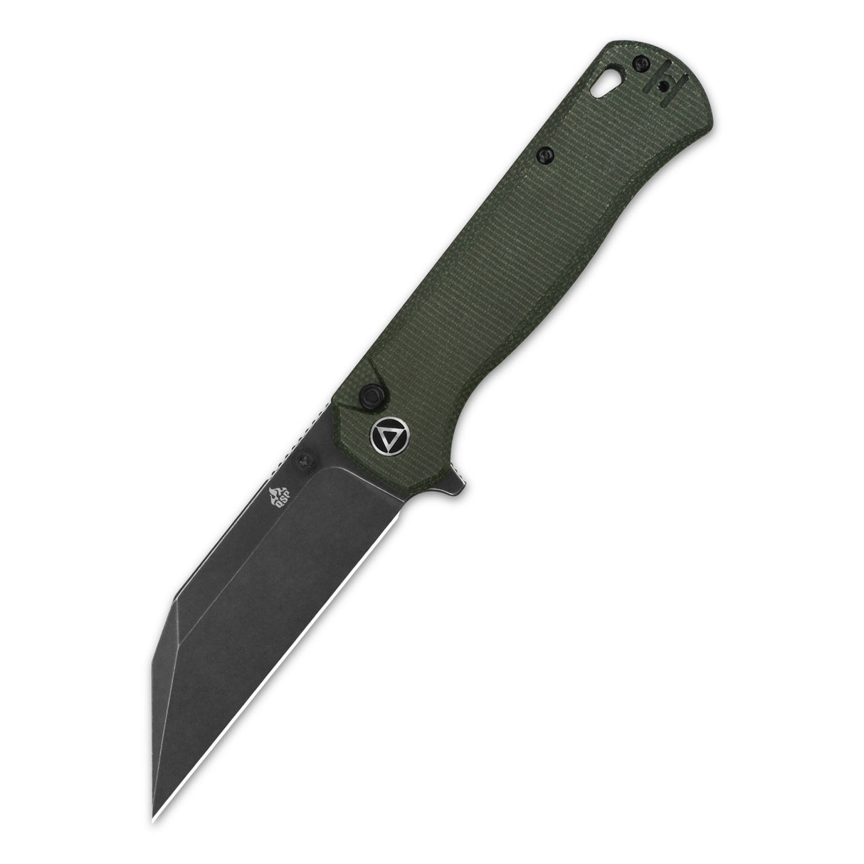 QSP Swordfish pocket knife with green Micarta handle and black blade displayed open