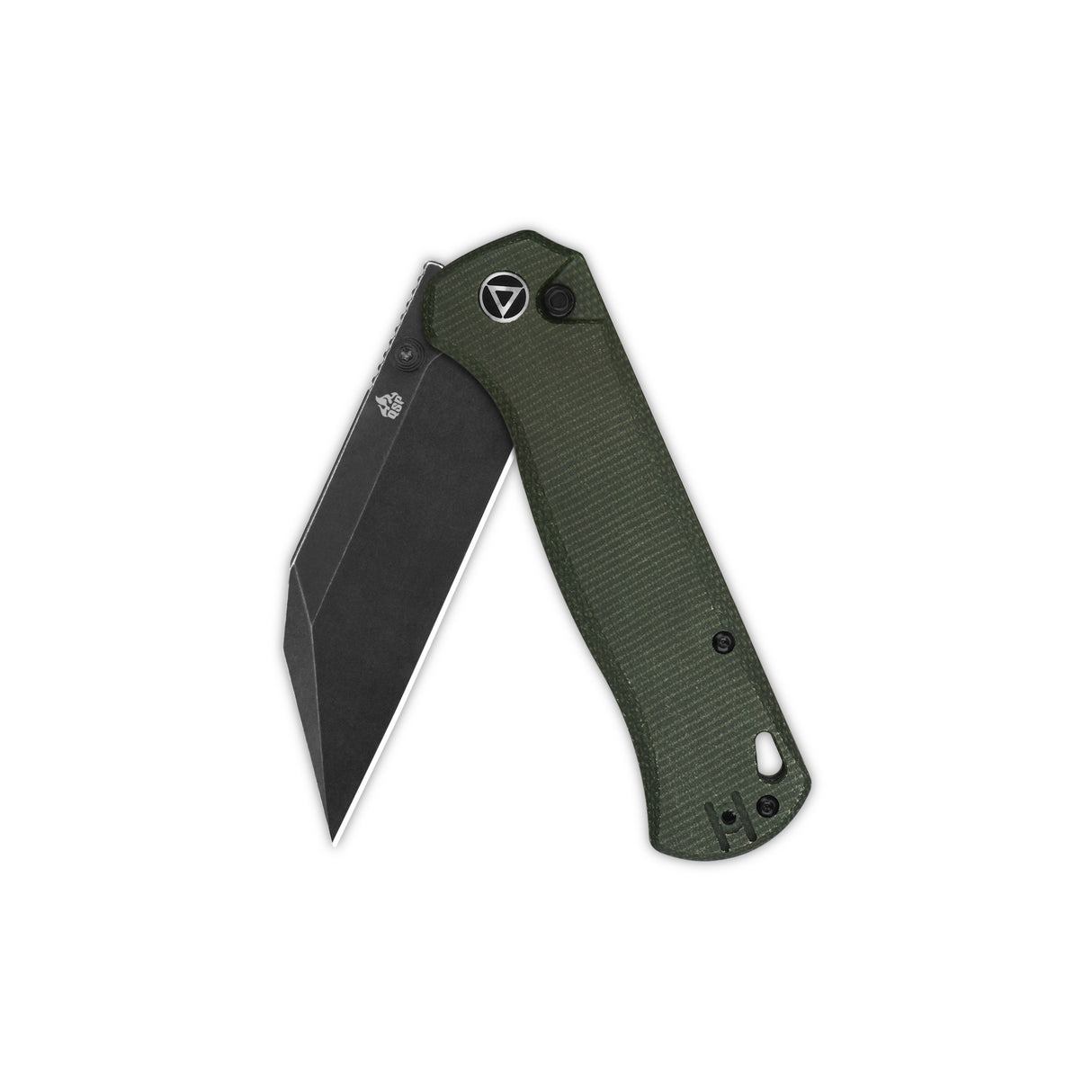 Open QSP Swordfish pocket knife with green Micarta handle and black blade