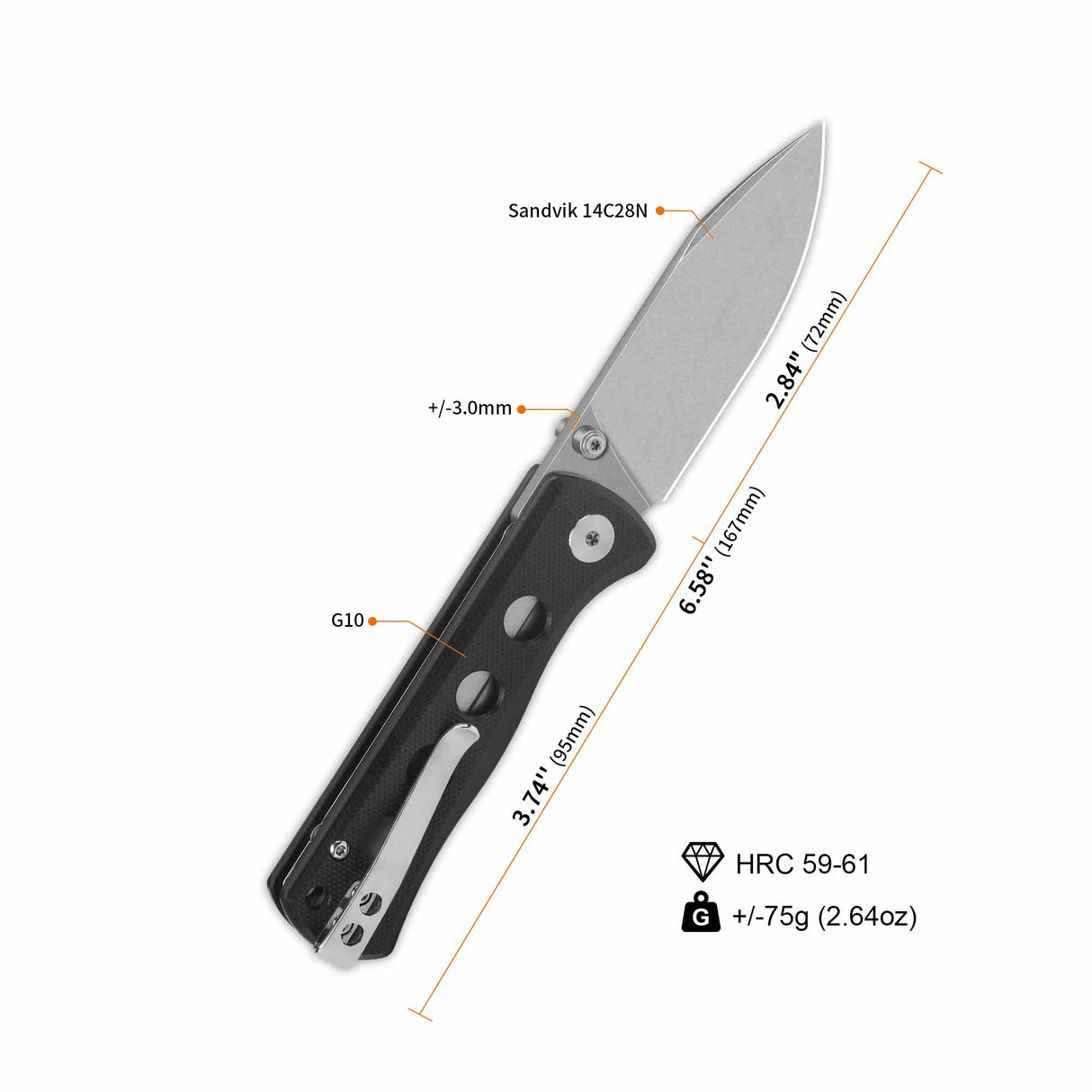 Specifications of QSP Canary pocket knife with 14C28N blade and G10 handle