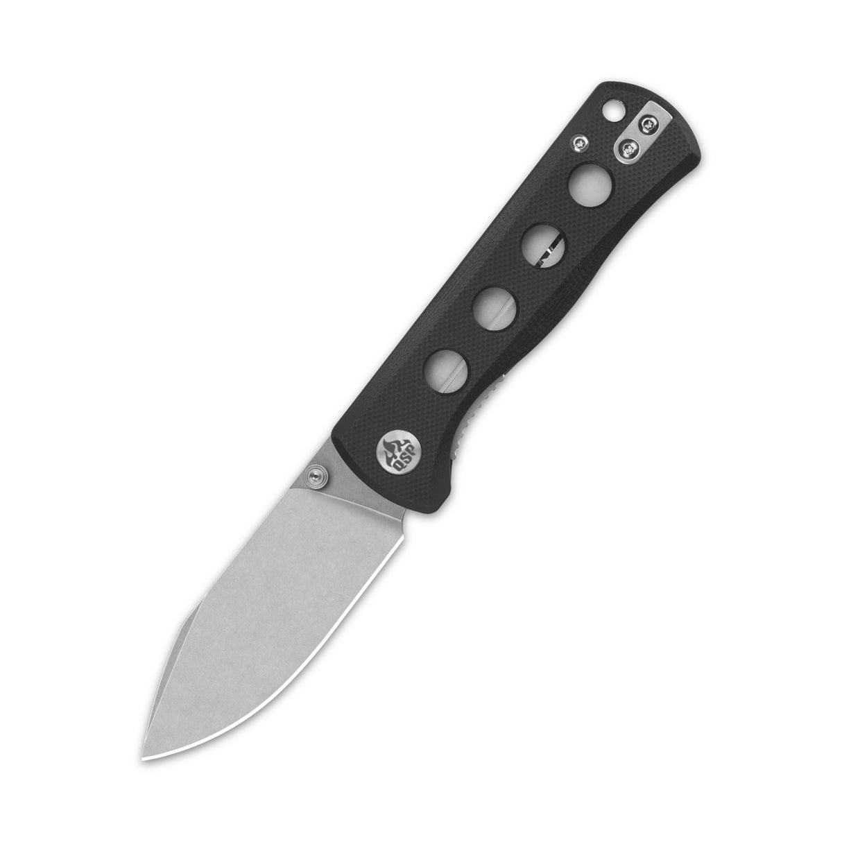 QSP Canary folder pocket knife with black G10 handle and 14C28N blade