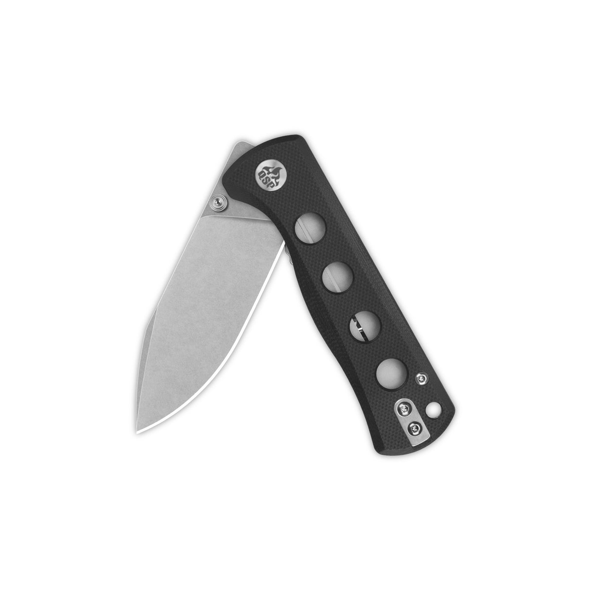 QSP Canary pocket knife with partially open black G10 handle and 14C28N blade