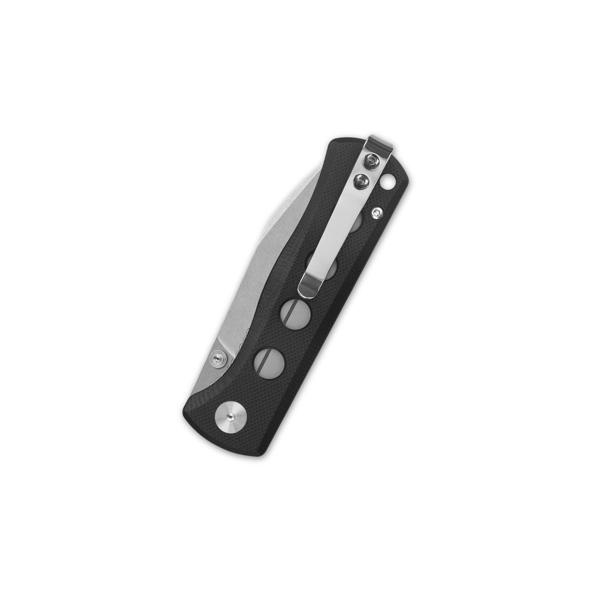 QSP Canary pocket knife closed view with black G10 handle and stainless clip