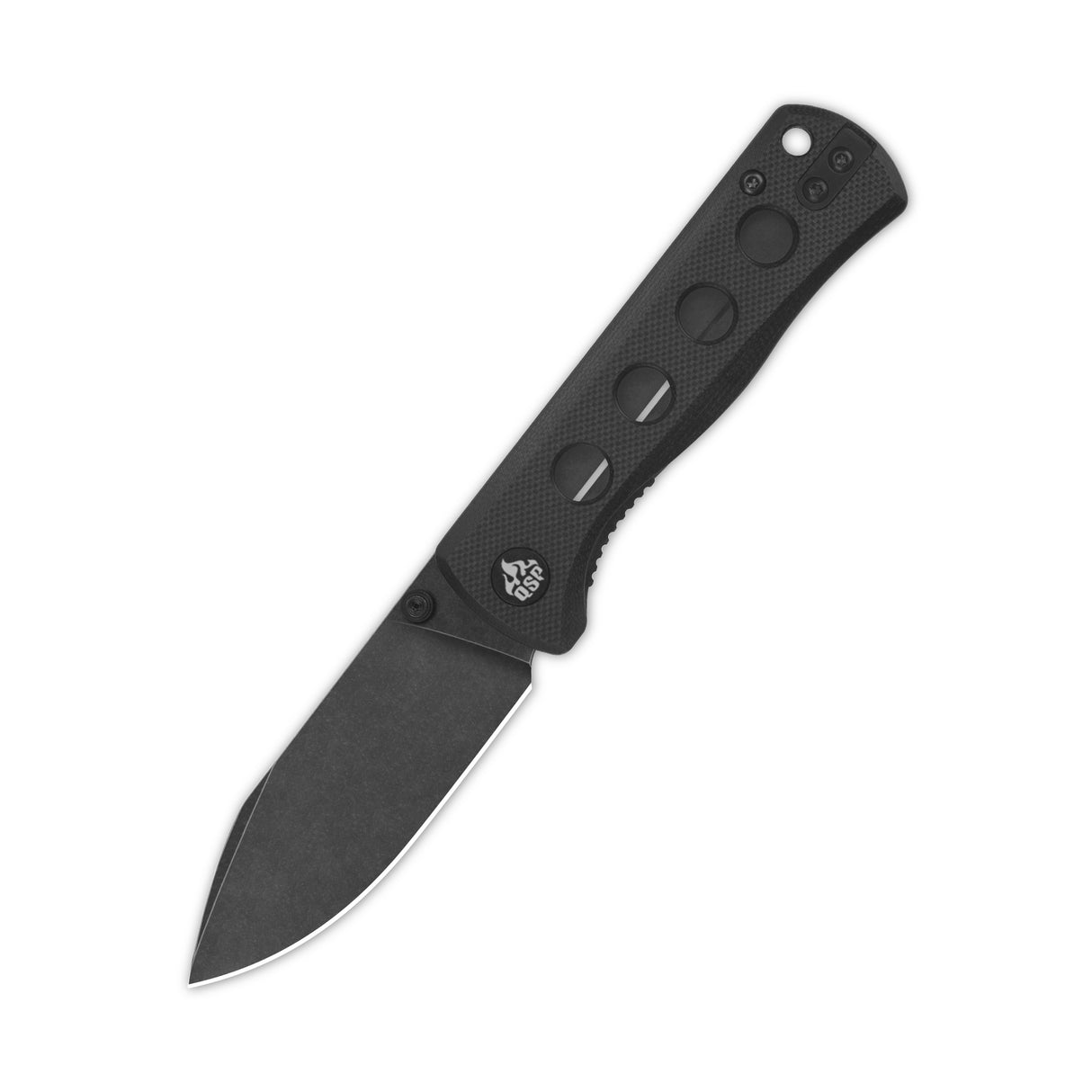 QSP Canary pocket knife featuring black G10 handle and spear point 14C28N blade.