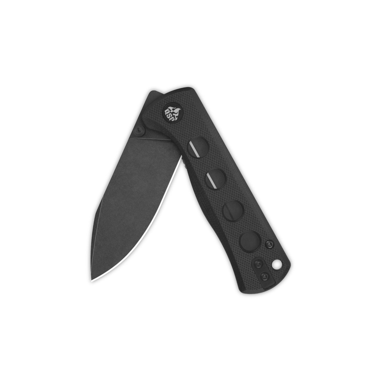 QSP Canary pocket knife folded, featuring black G10 handle and 14C28N blade.
