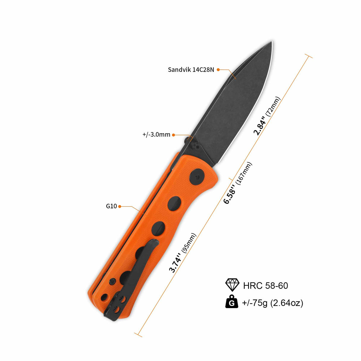 QSP Canary folder knife with black-coated 14C28N blade and orange G10 handle dimensions.