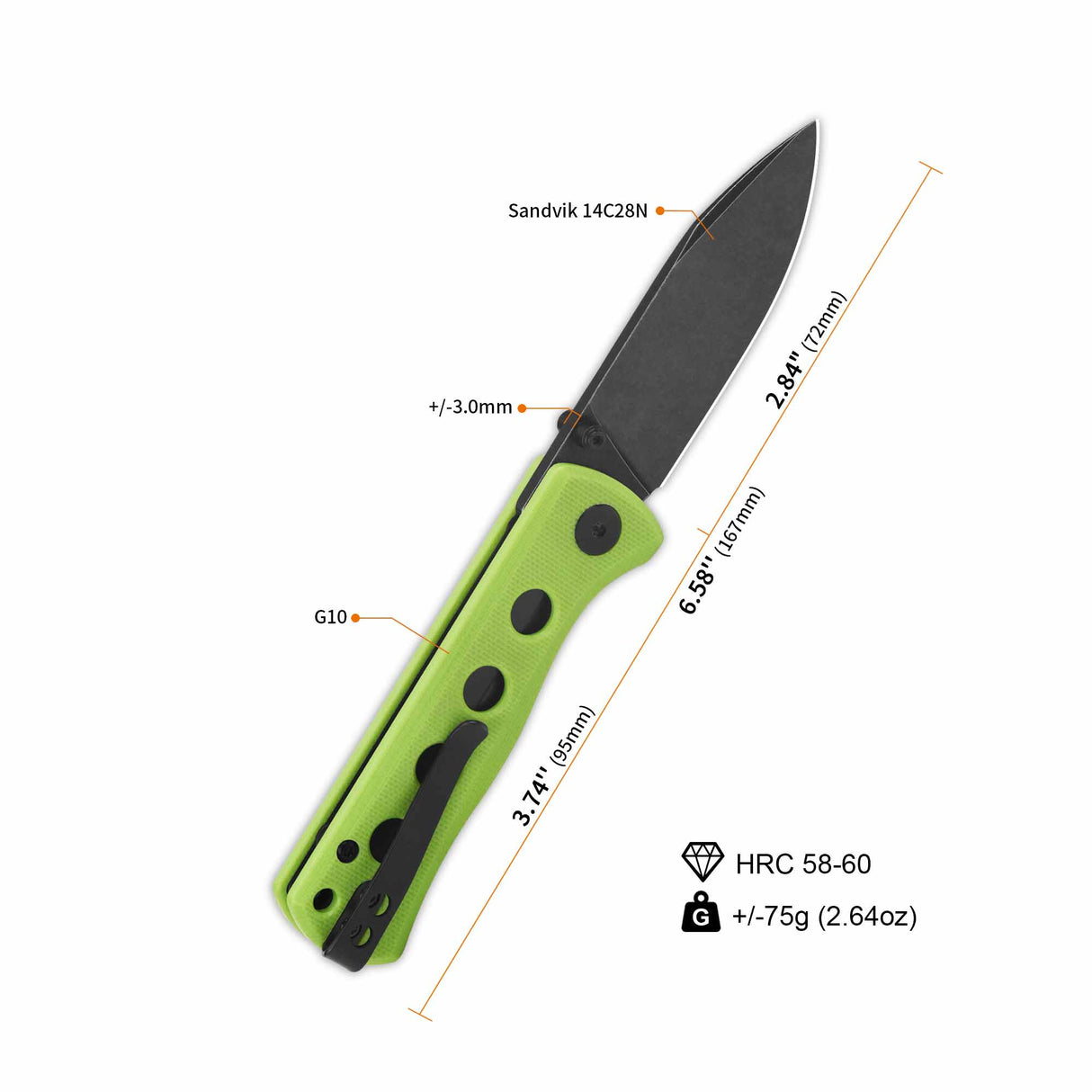 QSP Canary pocket knife with black Sandvik 14C28N blade and neon green G10 handle.