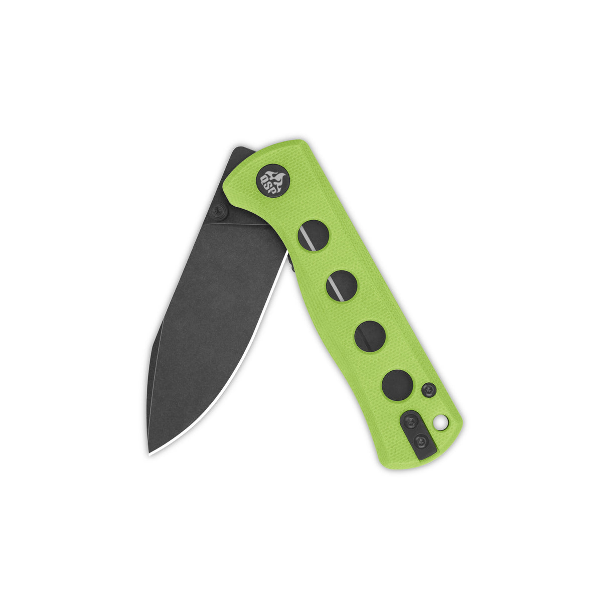 QSP Canary pocket knife with neon green G10 handle and black spear point blade.