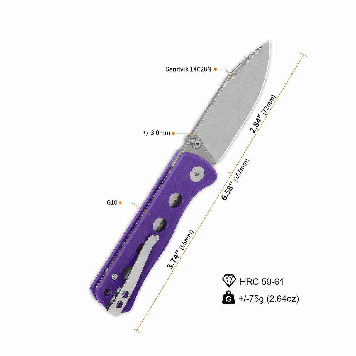 QSP Canary pocket knife with 14C28N blade and purple G10 handle dimensions