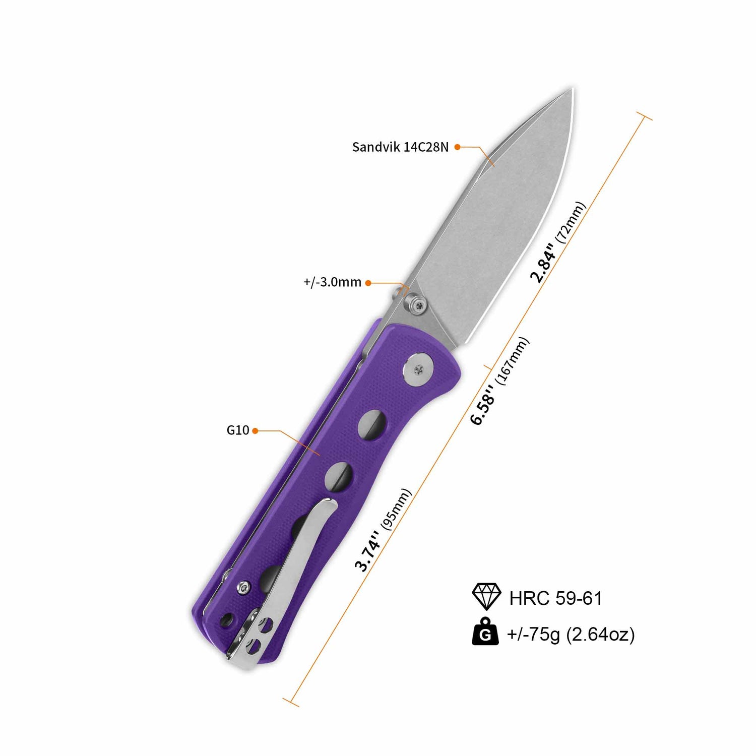 QSP Canary pocket knife with 14C28N blade and purple G10 handle dimensions