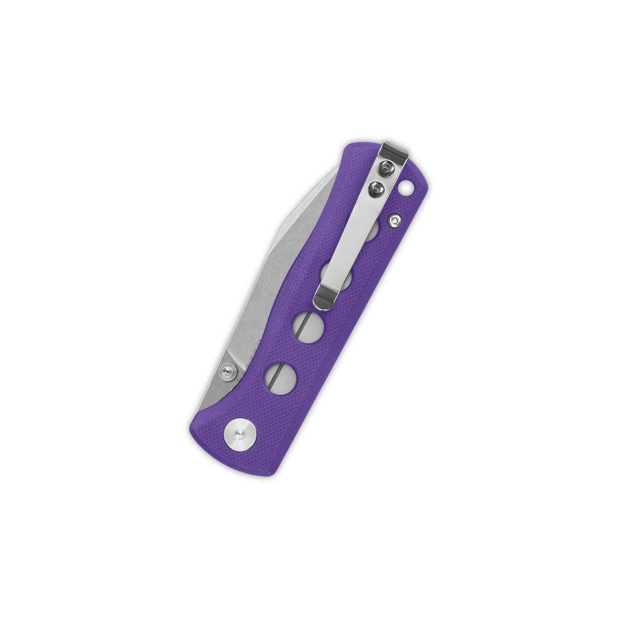 QSP Canary pocket knife with purple handle and stainless steel clip
