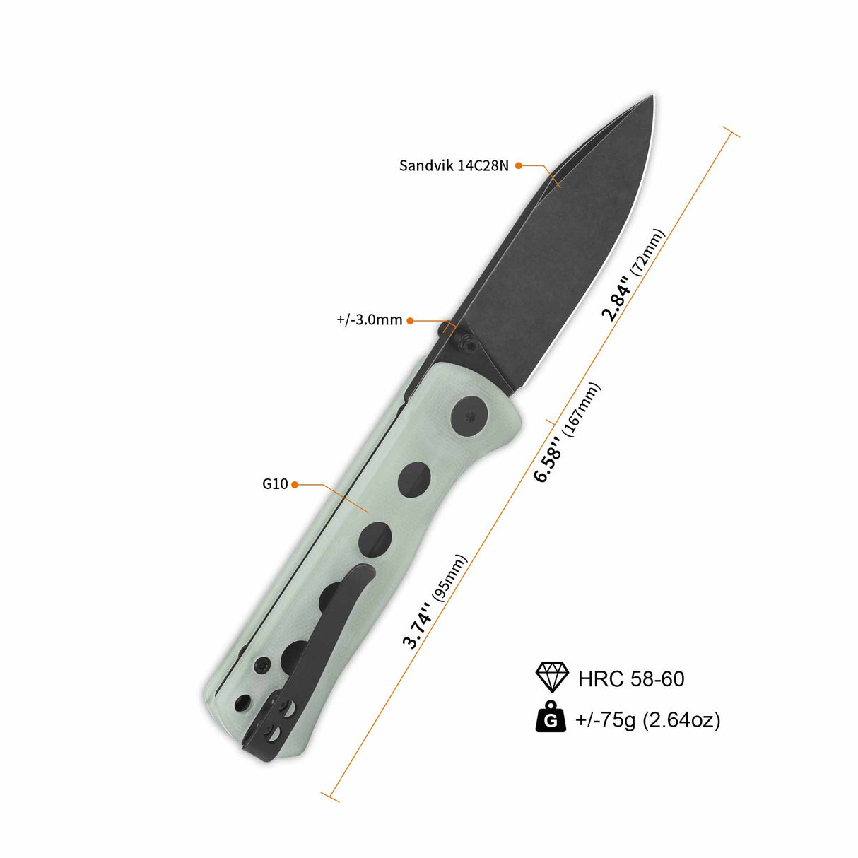 QSP Canary knife with jade G10 handle and Sandvik 14C28N blade specifications