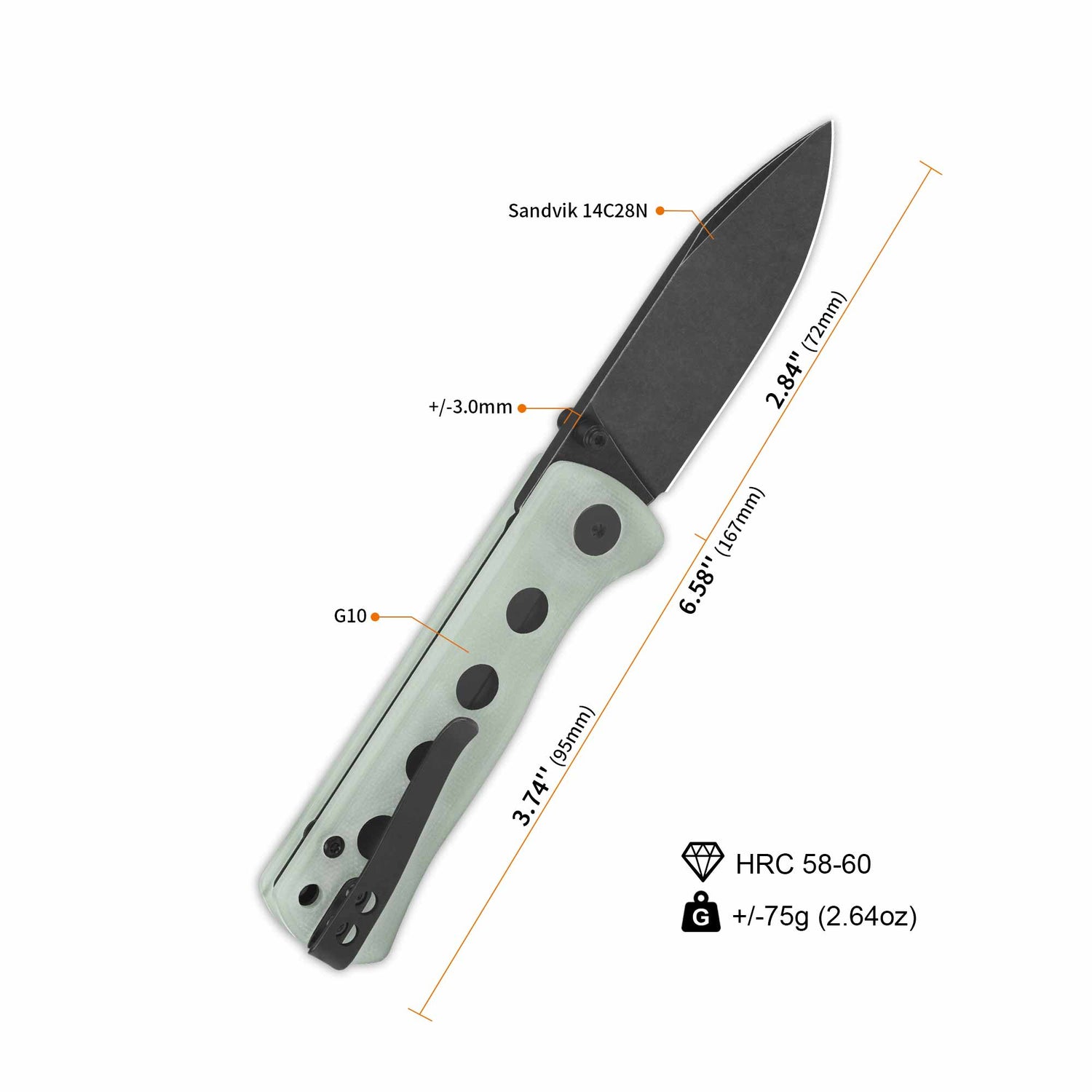 QSP Canary knife with jade G10 handle and Sandvik 14C28N blade specifications